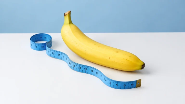 Banana e fita métrica azul em composição simples sobre uma mesa