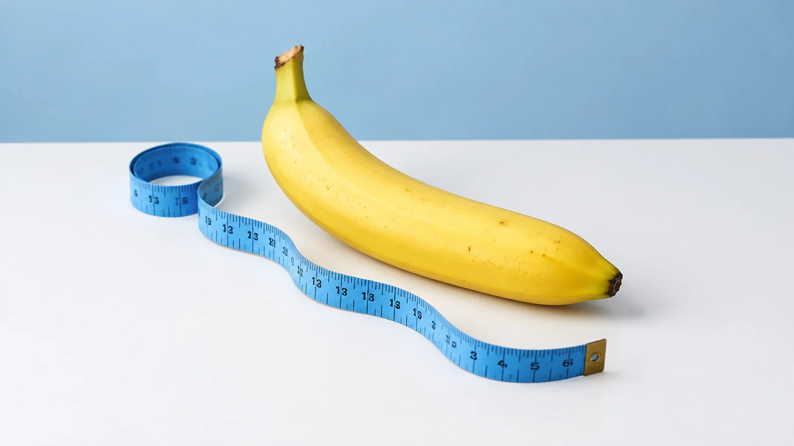 Banana e fita métrica azul em composição simples sobre uma mesa
