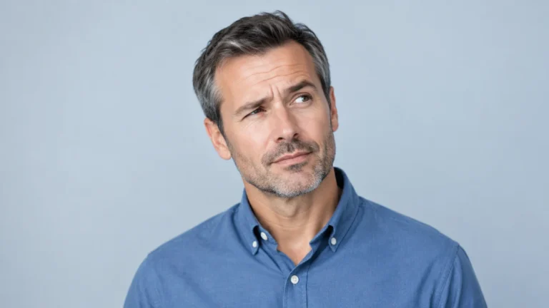 Homem de camisa azul com expressão de dúvida