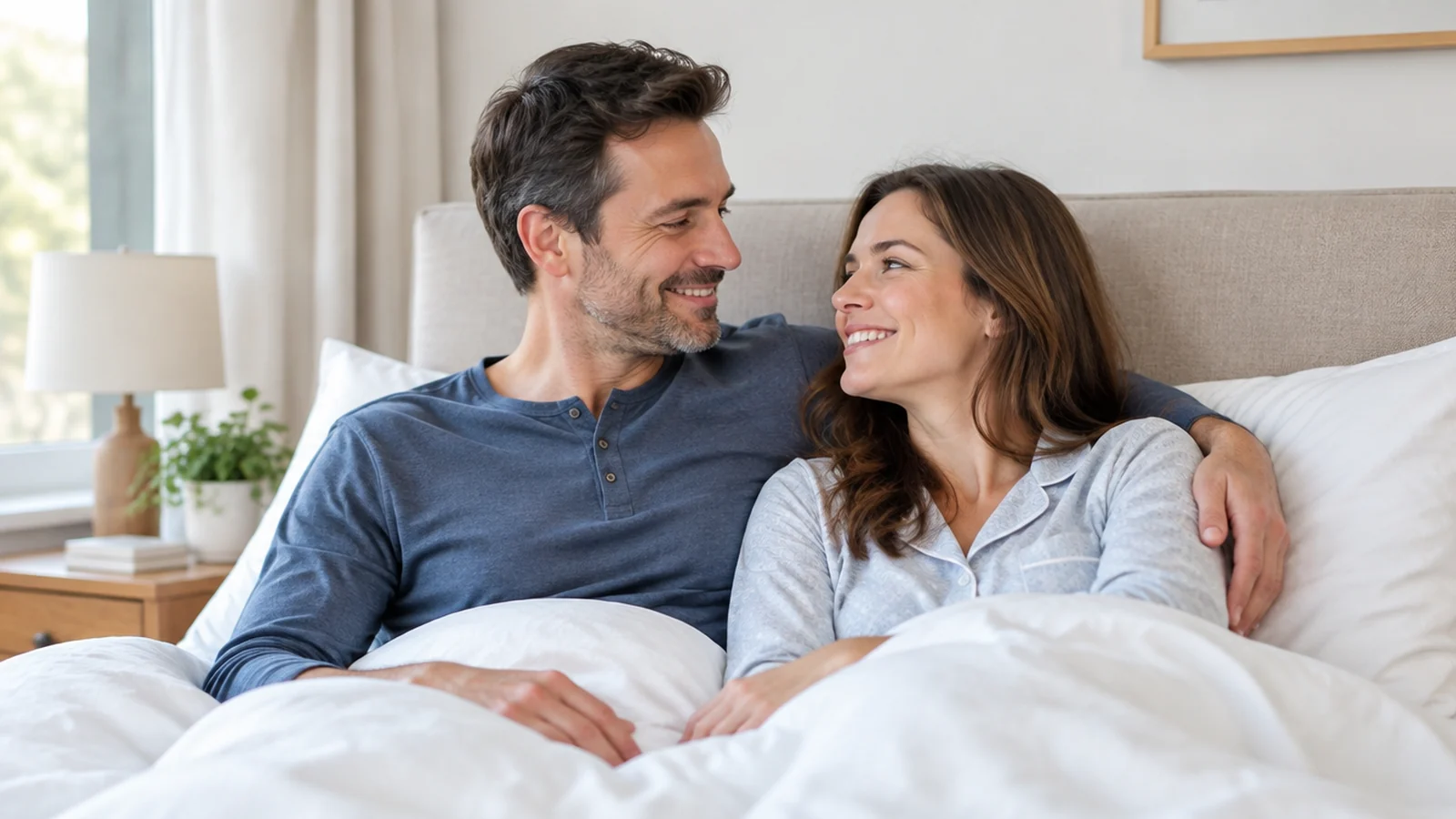 Homem e mulher de pijama sorrindo juntos na cama