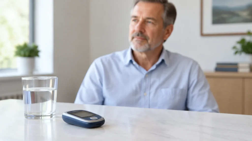 Medidor de glicemia sobre uma mesa com um homem de camisa ao fundo