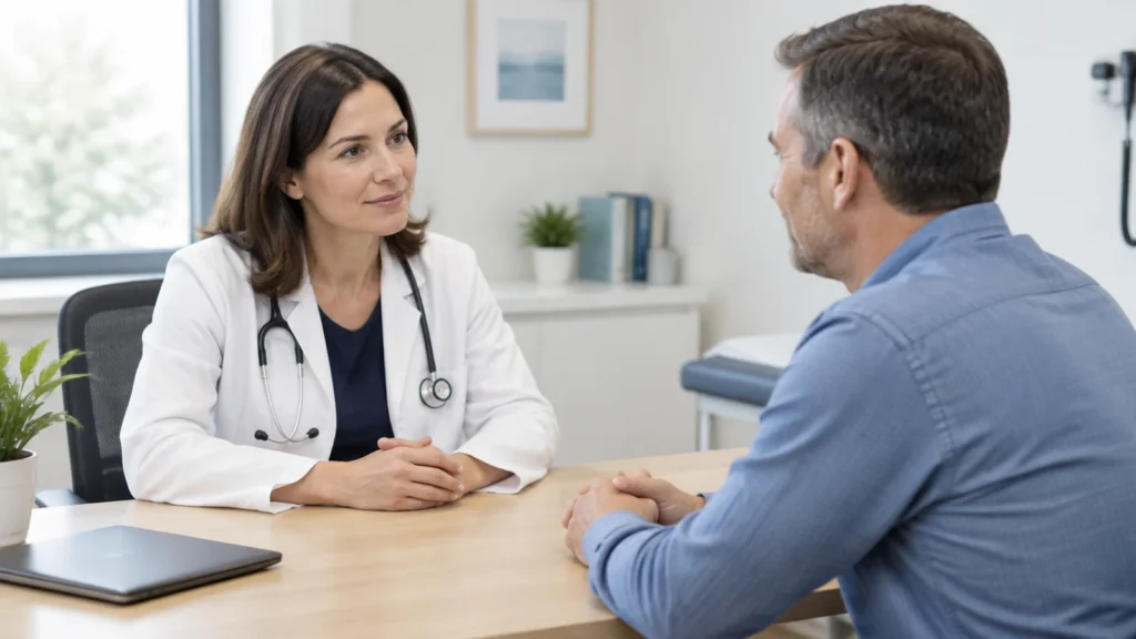 Médica conversando com um paciente em consulta sobre saúde hormonal
