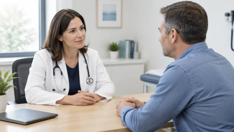 Médica conversando com um paciente em consulta sobre saúde hormonal