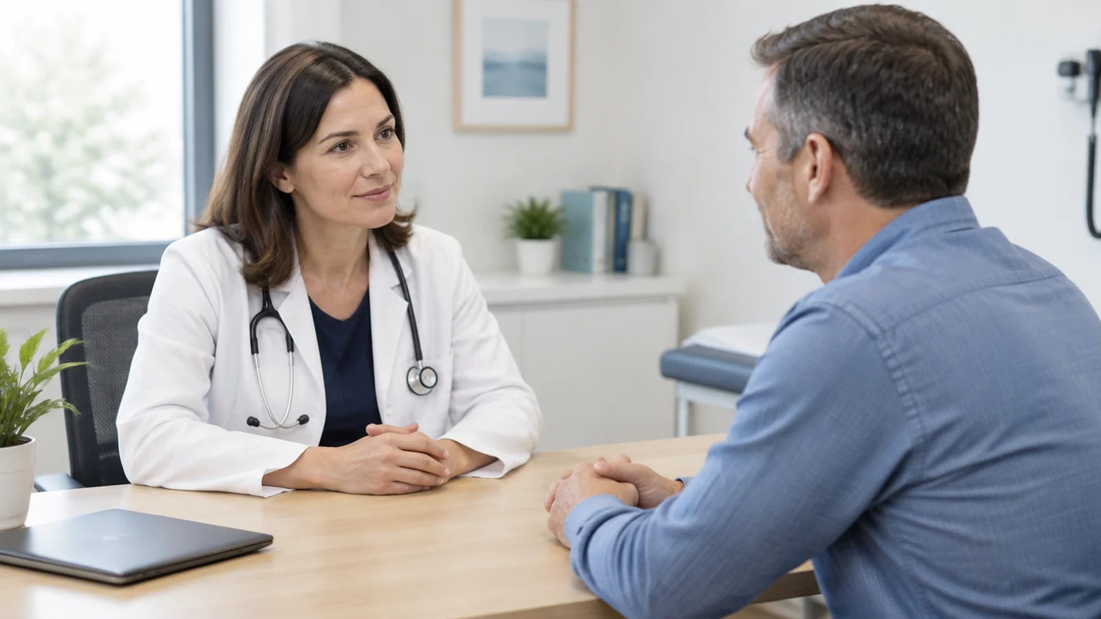 Médica conversando com um paciente em consulta sobre saúde hormonal