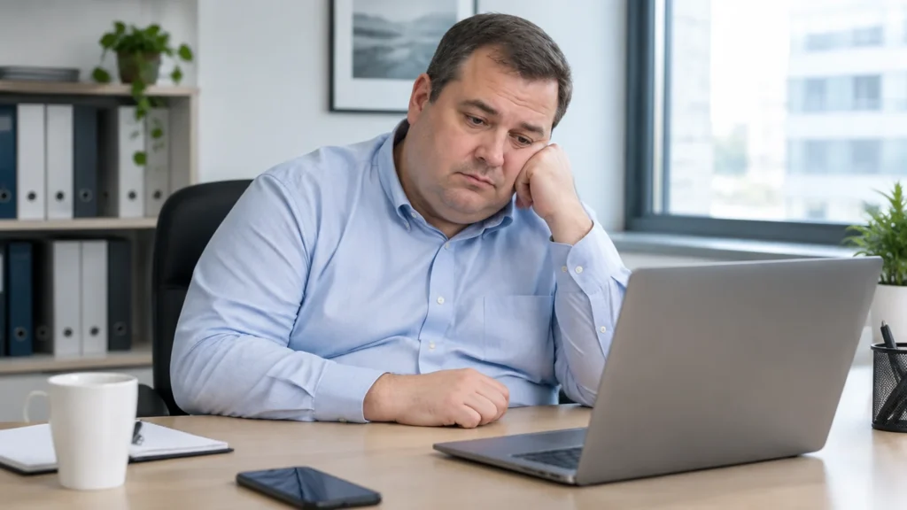 Homem com sobrepeso e expressão de cansaço sentado à mesa de trabalho