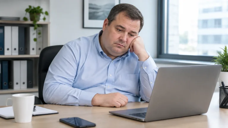 Homem com sobrepeso e expressão de cansaço sentado à mesa de trabalho