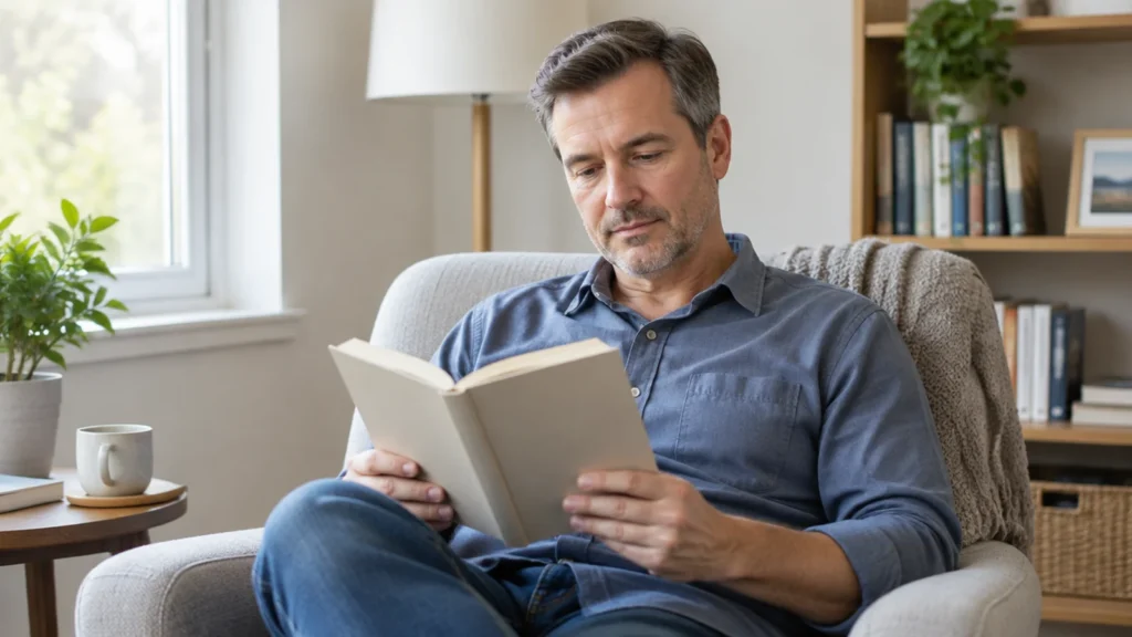 Homem de camisa lendo um livro em casa