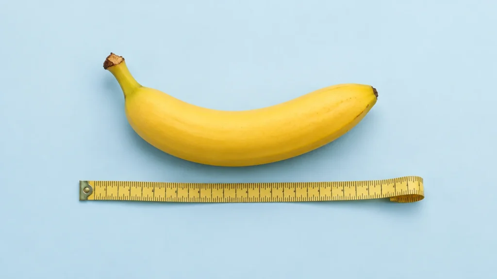 Banana amarela ao lado de uma fita métrica sobre fundo azul-claro
