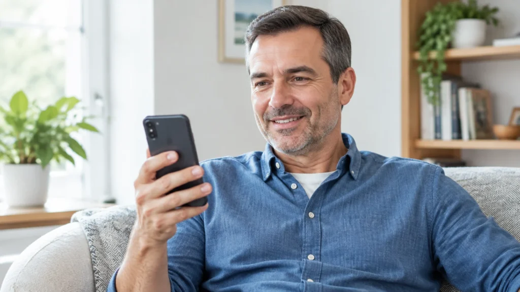 Homem de 45 anos sorrindo enquanto usa o celular em casa