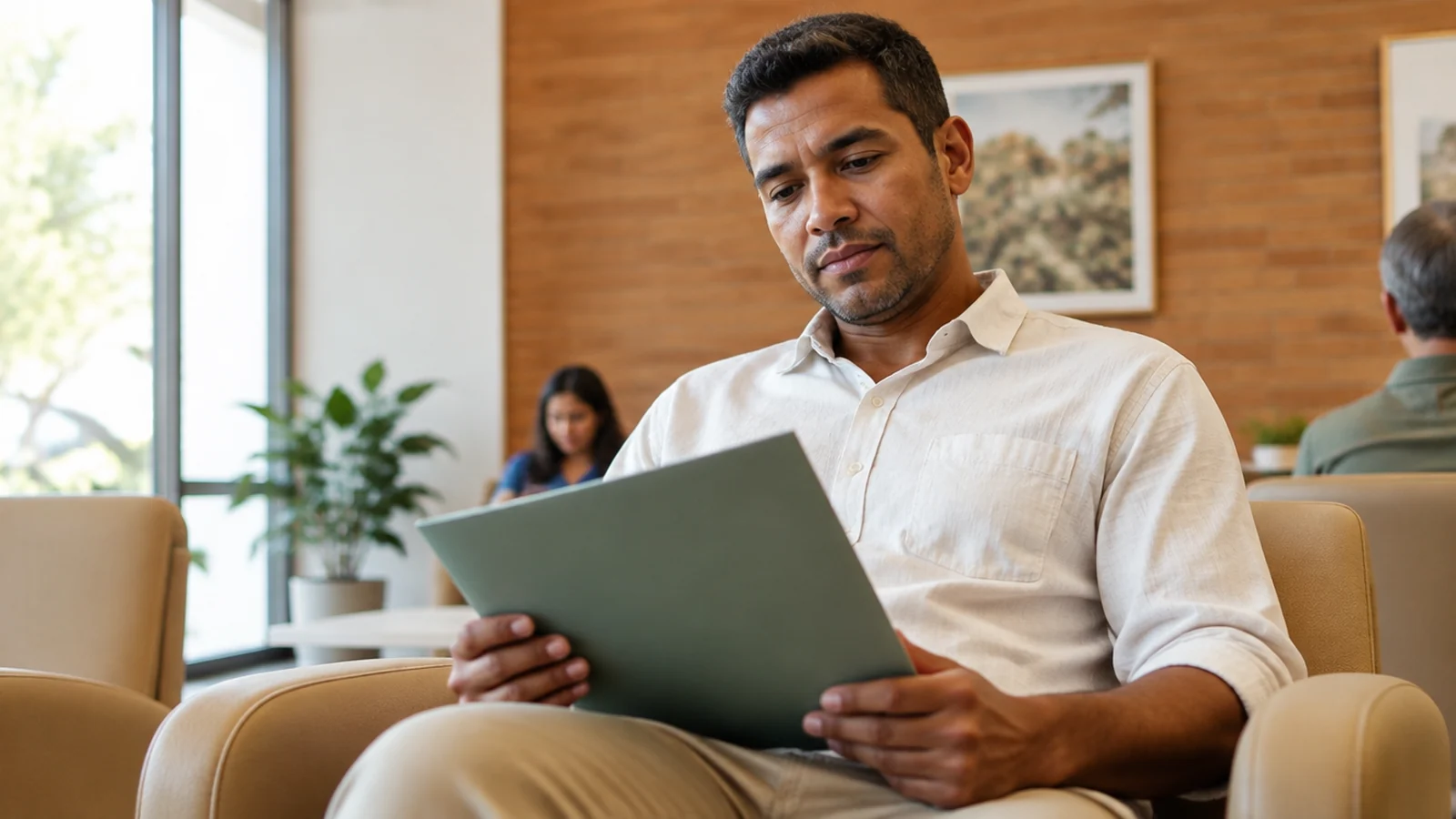 Homem aguarda uma avaliação médica em ambiente reservado