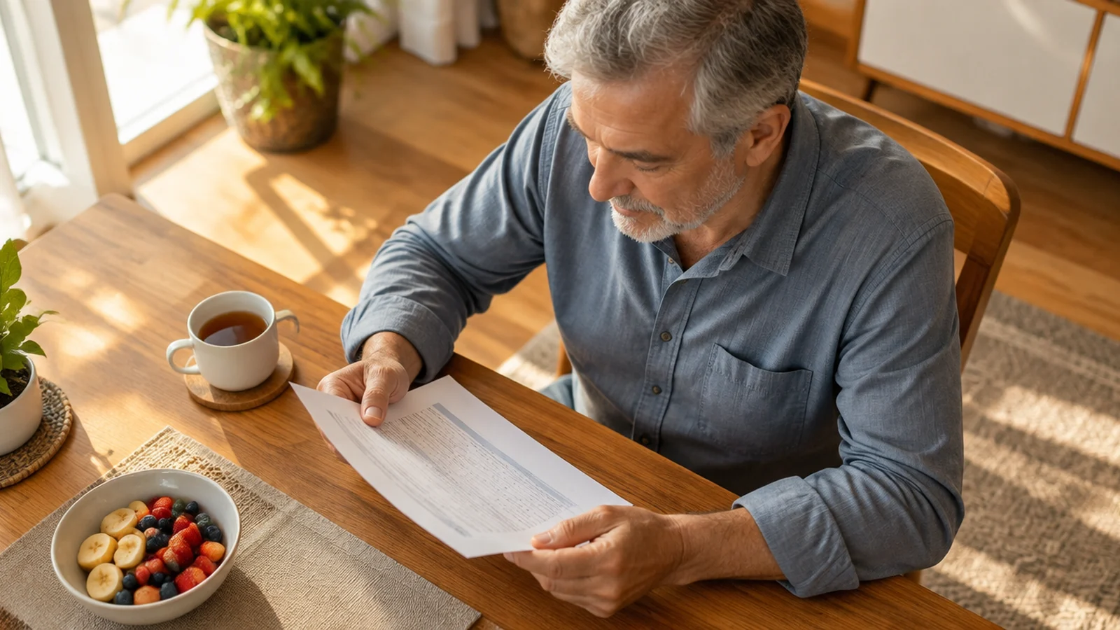 Homem observa resultados de exames à mesa de casa