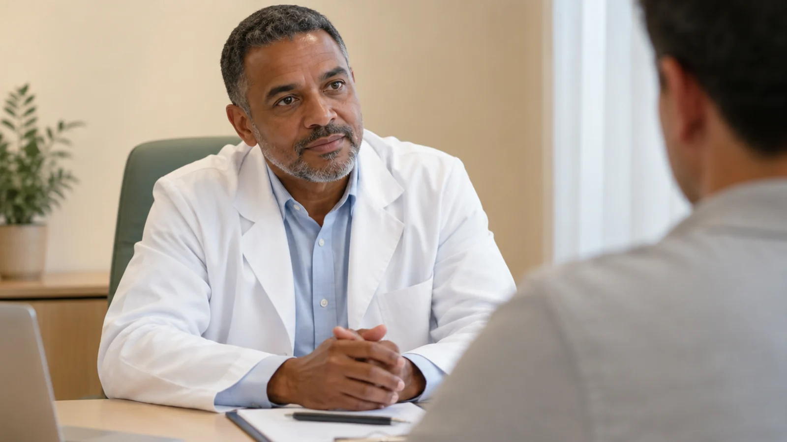 Médico escuta um paciente em consulta de saúde masculina