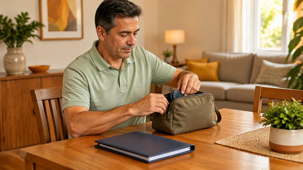 Homem organiza documentos para uma consulta presencial