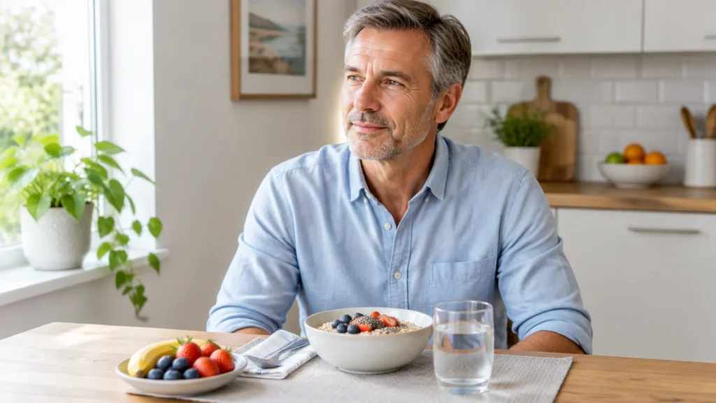 Homem de camisa à mesa com aveia, frutas e água