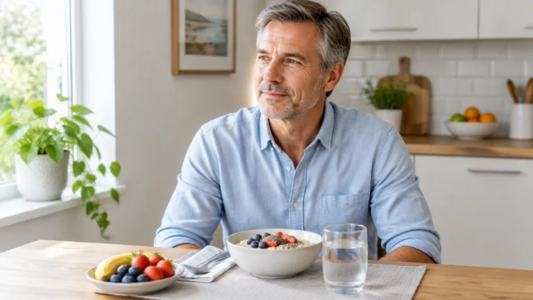 Homem de camisa à mesa com aveia, frutas e água