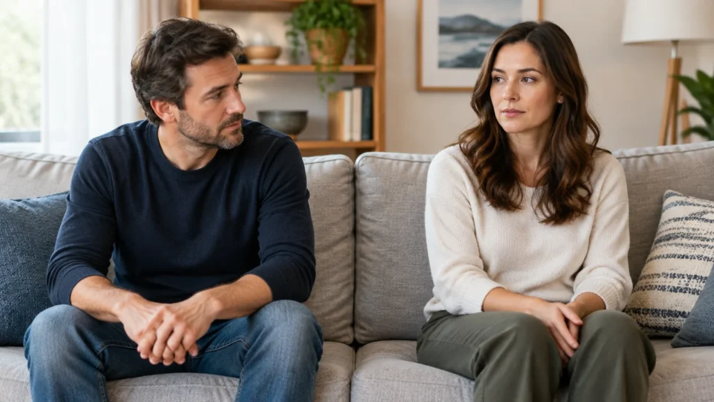 Casal adulto conversando no sofá sobre diferenças de desejo