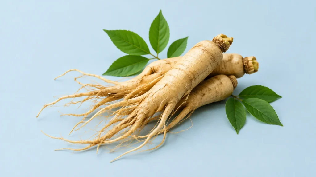 Raízes de ginseng e folhas sobre uma superfície azul-clara
