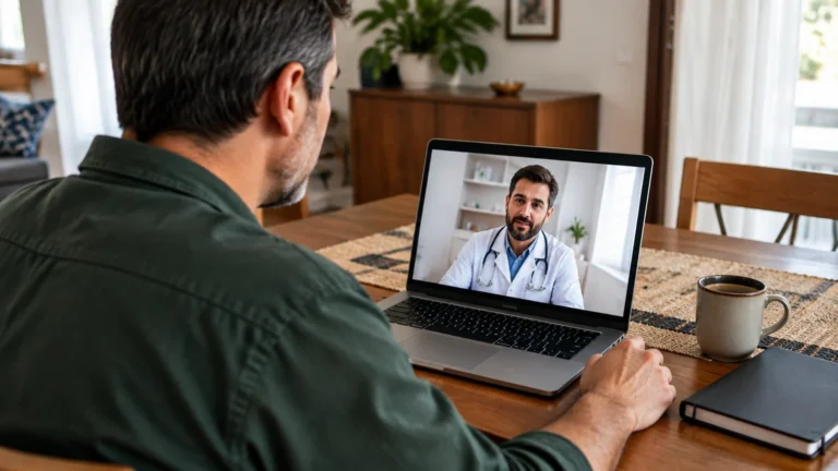 Homem participa de consulta online em sua casa