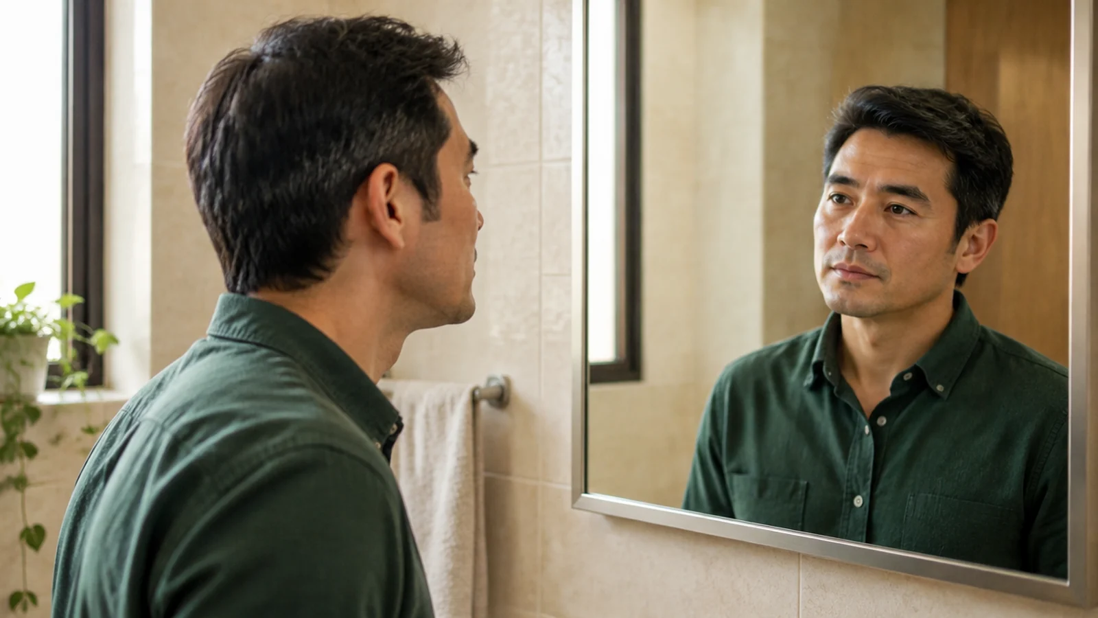 Homem reflete sobre a própria imagem diante do espelho