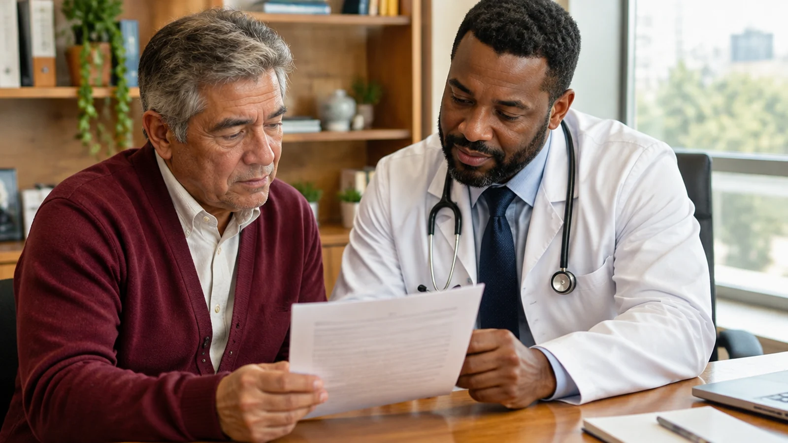 Paciente e médico analisam resultados de exames