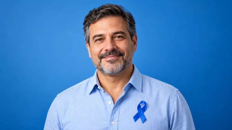 Homem de camisa azul com laço azul de conscientização do Novembro Azul