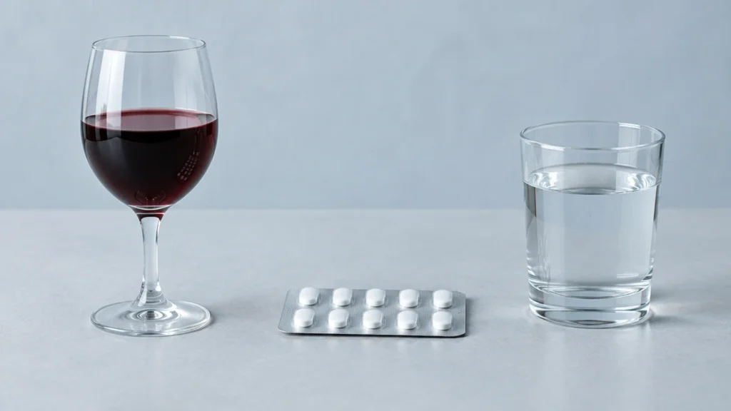 Cartela de medicamento, taça de vinho e copo de água separados sobre uma mesa