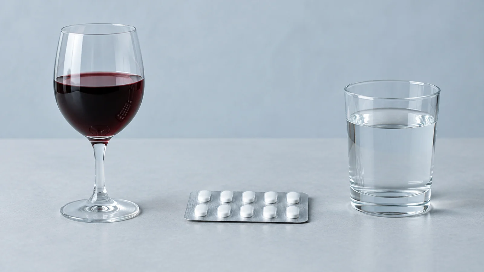 Cartela de medicamento, taça de vinho e copo de água separados sobre uma mesa
