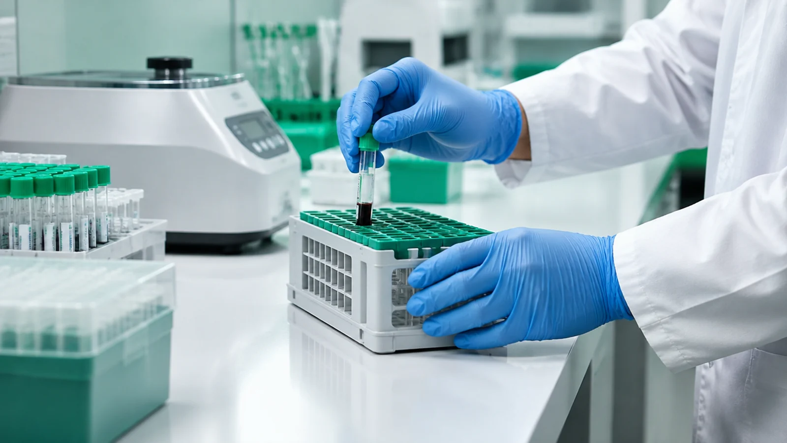 Profissional organiza uma amostra para exame laboratorial